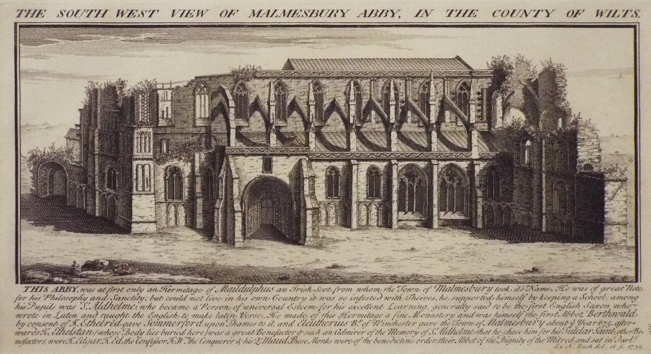 Print - The South West View of Malmesbury Abby, in the County of Wilts. - Buck